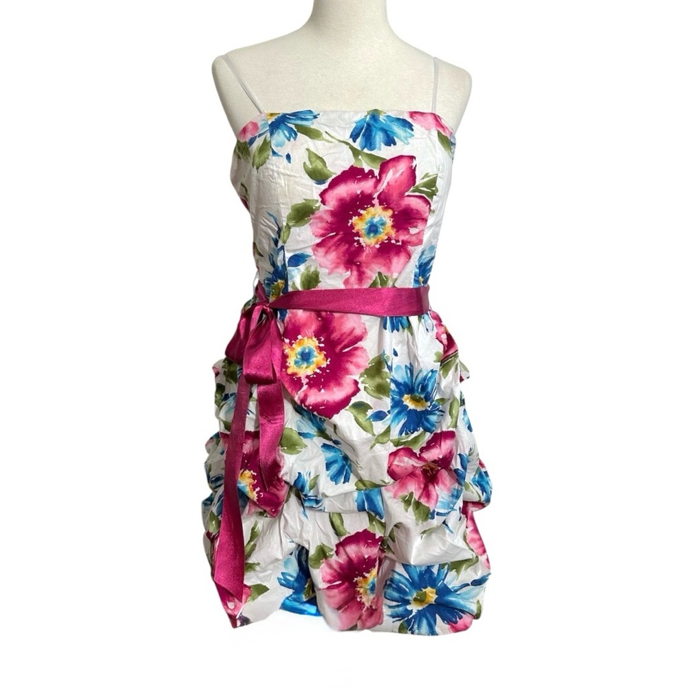Deb White Floral Ruffle Mini Dress Y2K with Magenta Sash Size 16 | TikTok Viral